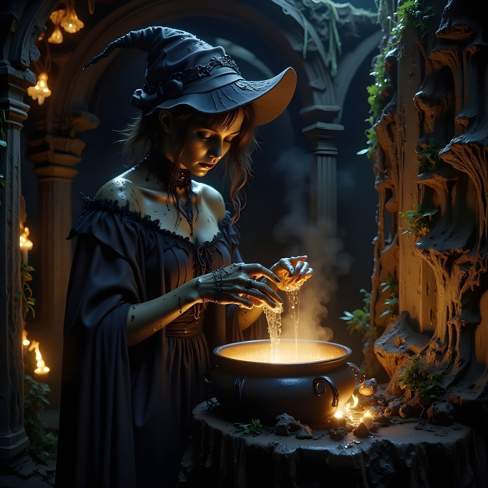 Obsidian Witch Stirring Glowing Cauldron