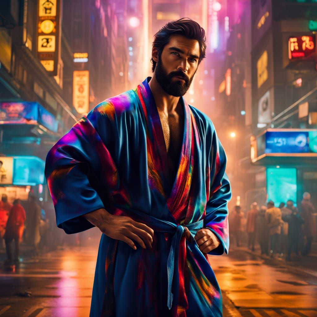 Handsome Man in Silk Robe Exudes Serenity and Calm