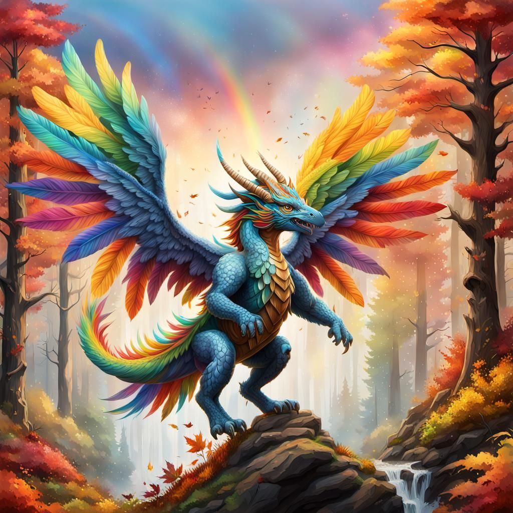 Rainbow Feathered Dragon Flight Over Autumn Forest