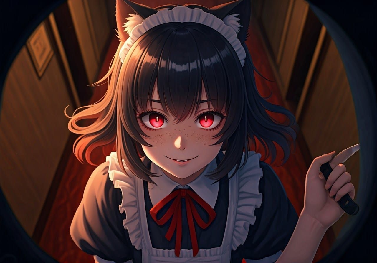 Sinister Maid in Dark Hotel Hallway