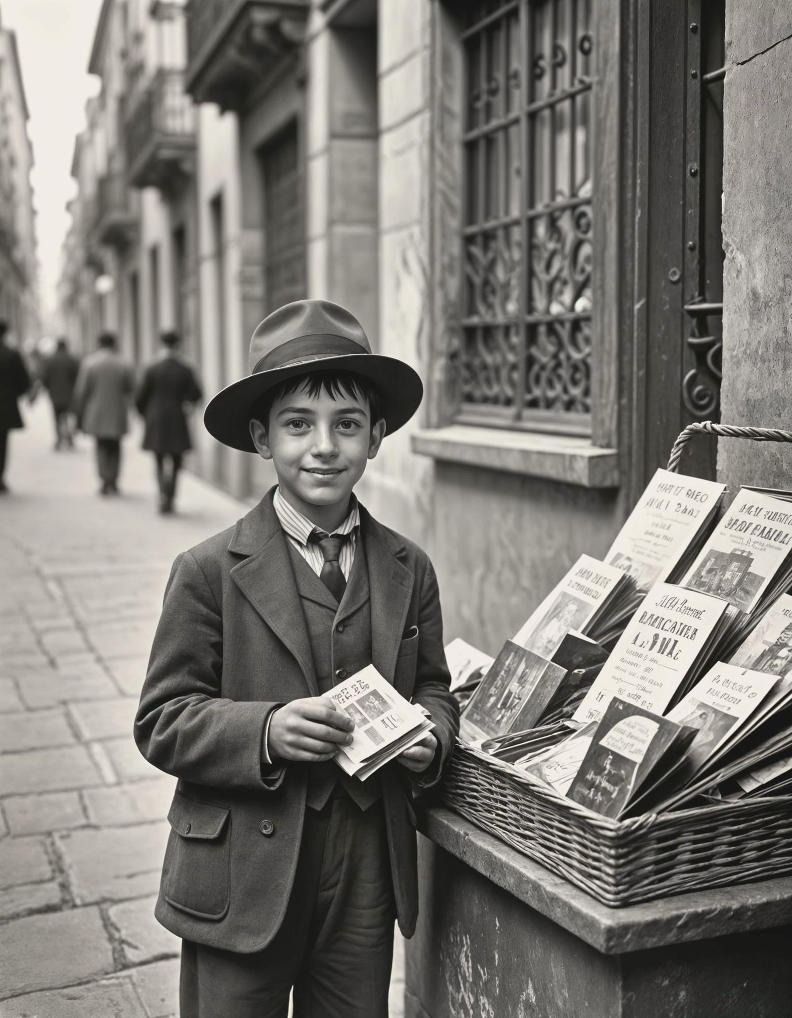 A Young Spanish Boy Sells Souvenirs in Vintage Madrid