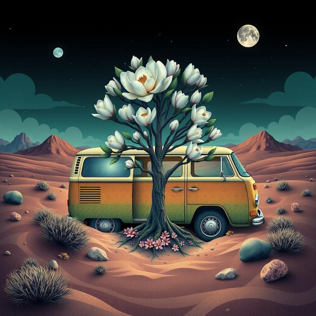 Surreal Desert Bloom: Magnolia Tree Van