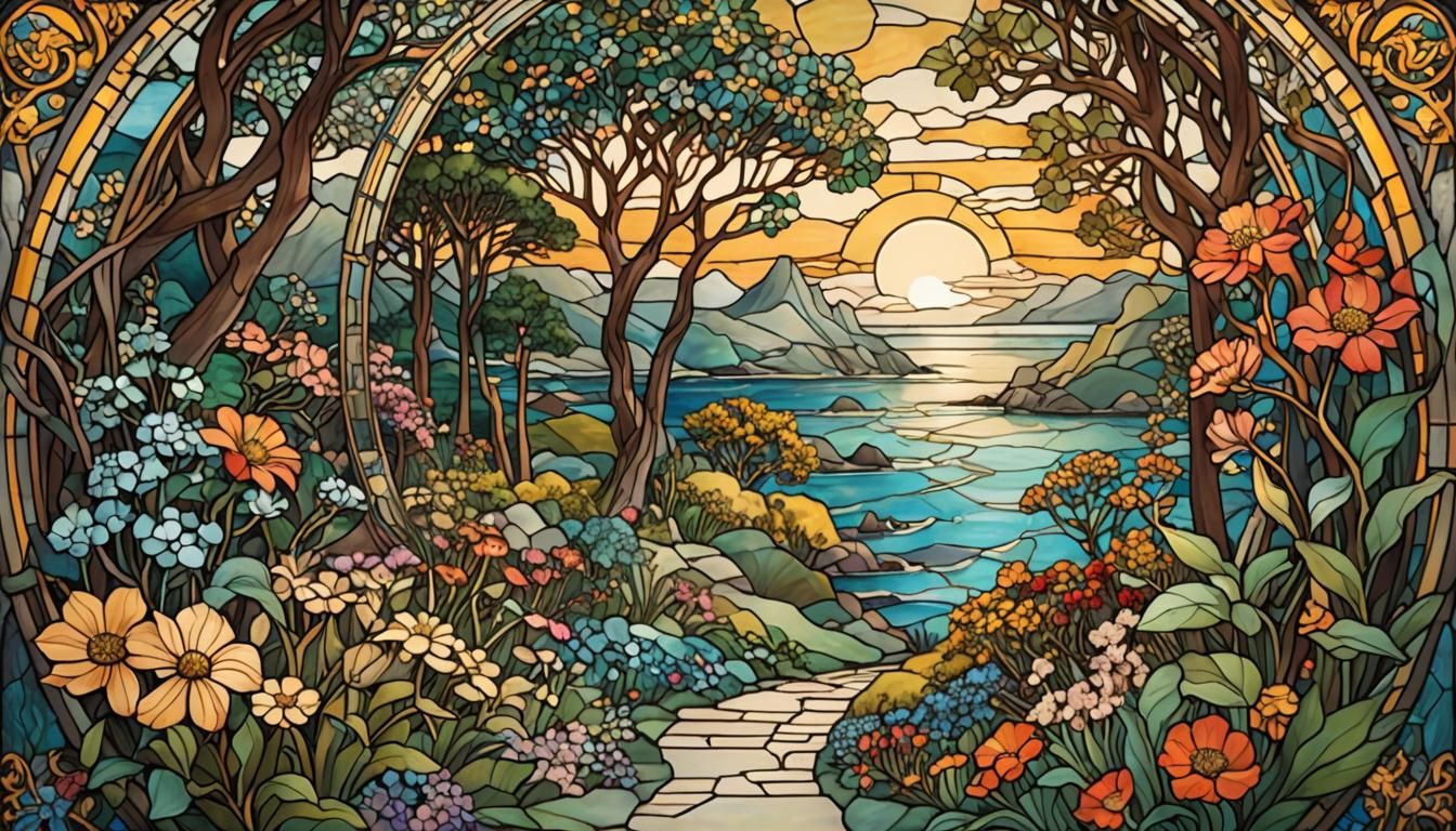 Art Nouveau Garden Landscape in Stained Glass