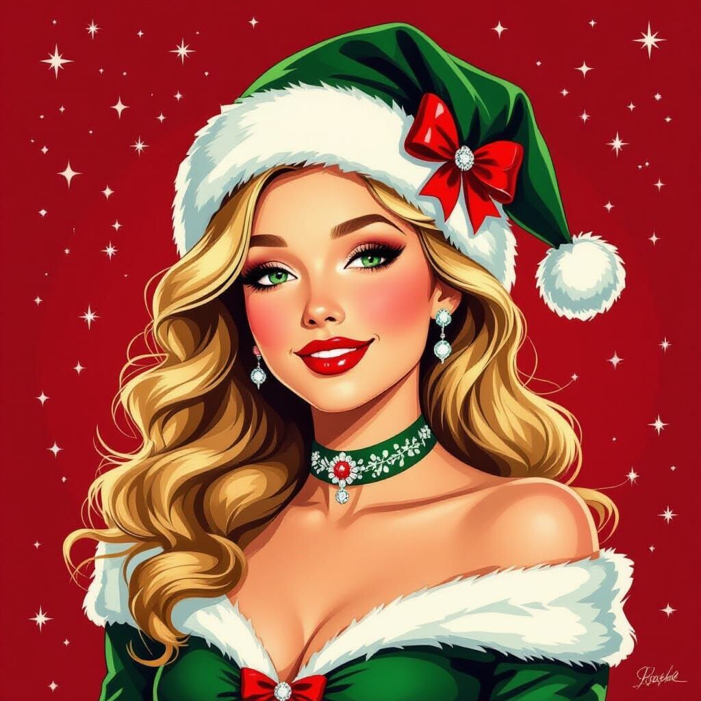 Festive Woman in Christmas Hat Digital Painting