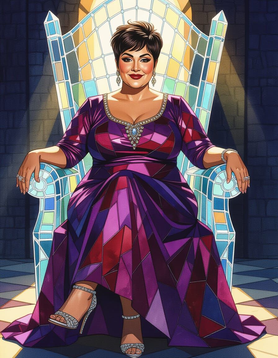 Egyptian Queen in Stained Glass Dress on Glass Throne