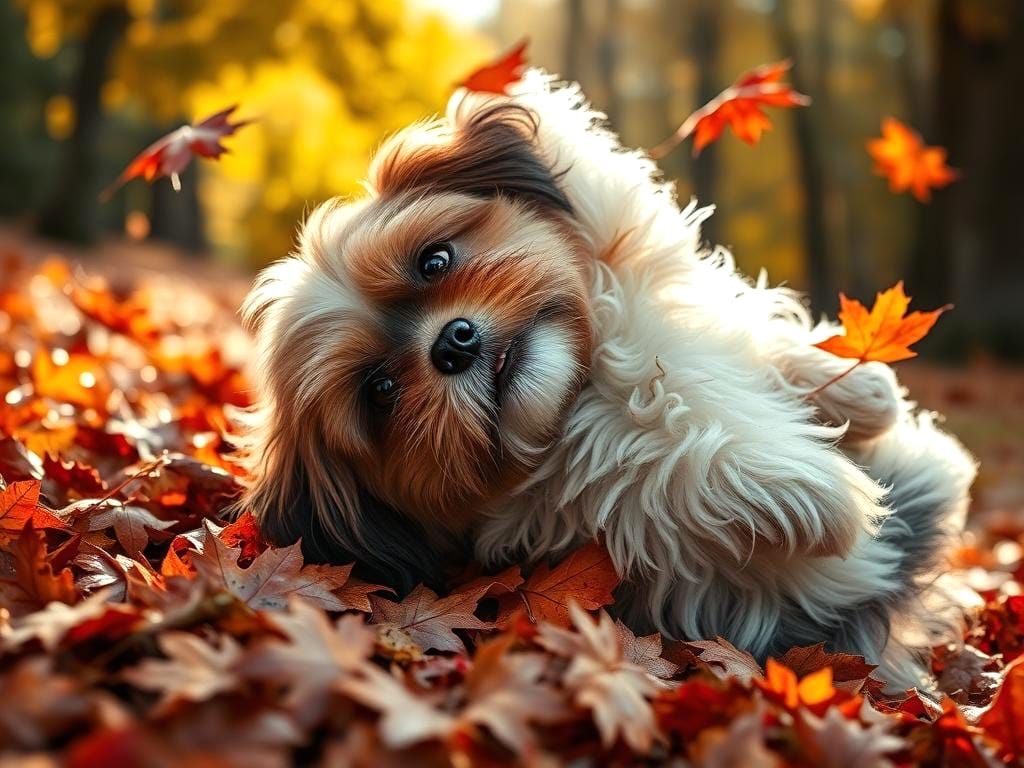 playful Shitzu among the Autumn leaves