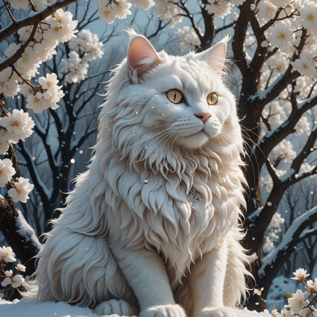 Ethereal Snow-White Fairy Cat Amidst a Pearl-Covered Fantasy...