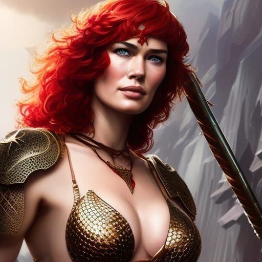 Red Sonja Portrait by Greg Rutkowski and Artgerm