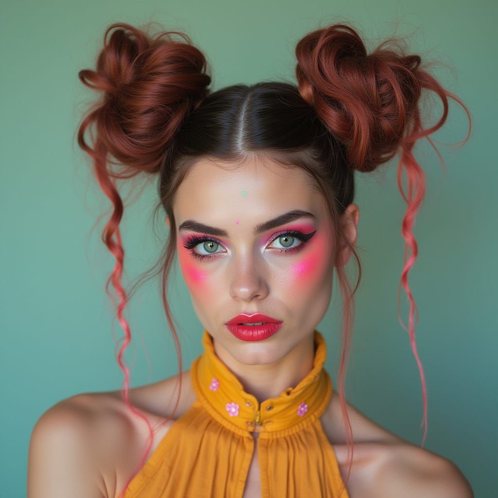 Girl with Space Buns in High Fashion Style