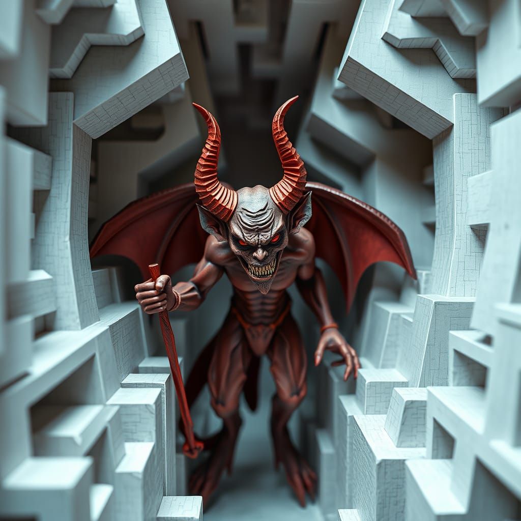 The Devil in a Surreal Escher-Inspired Labyrinth