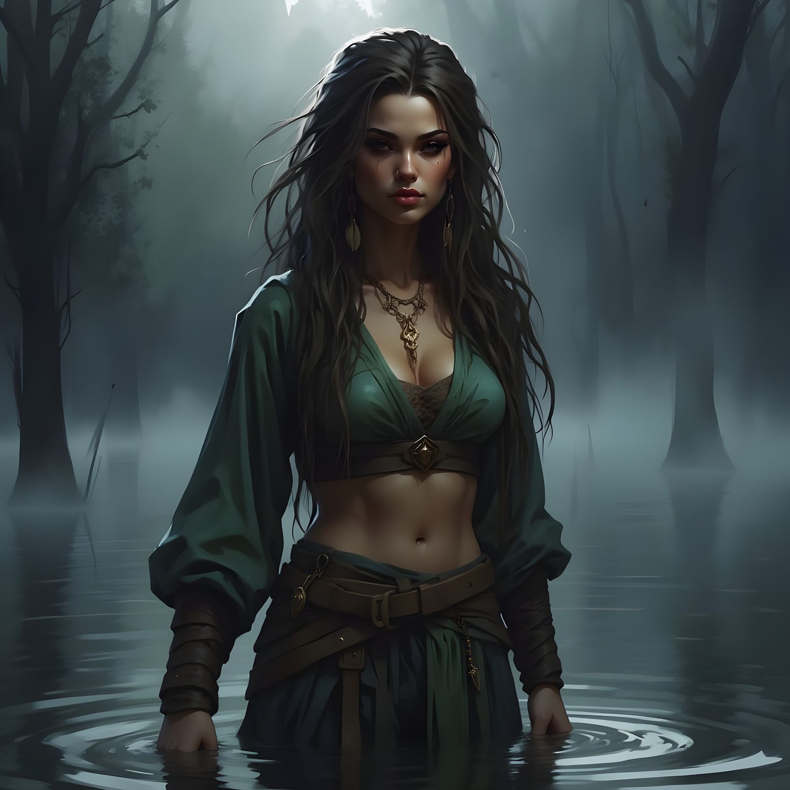 Norse Goddess Wades in Misty Lake at Dusk