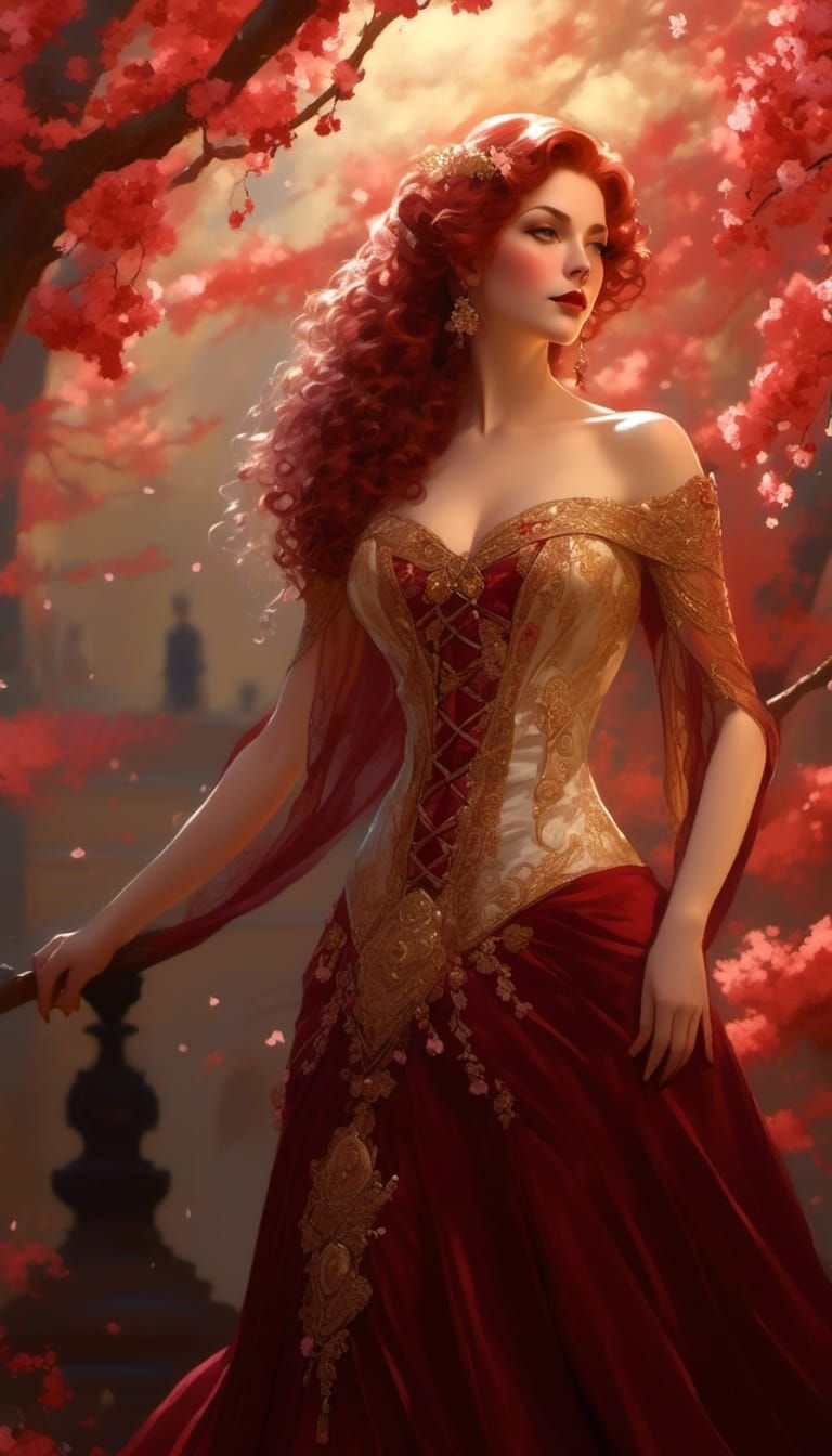 Hedge Witch Portrait with Cherry Blossoms in Victorian Style