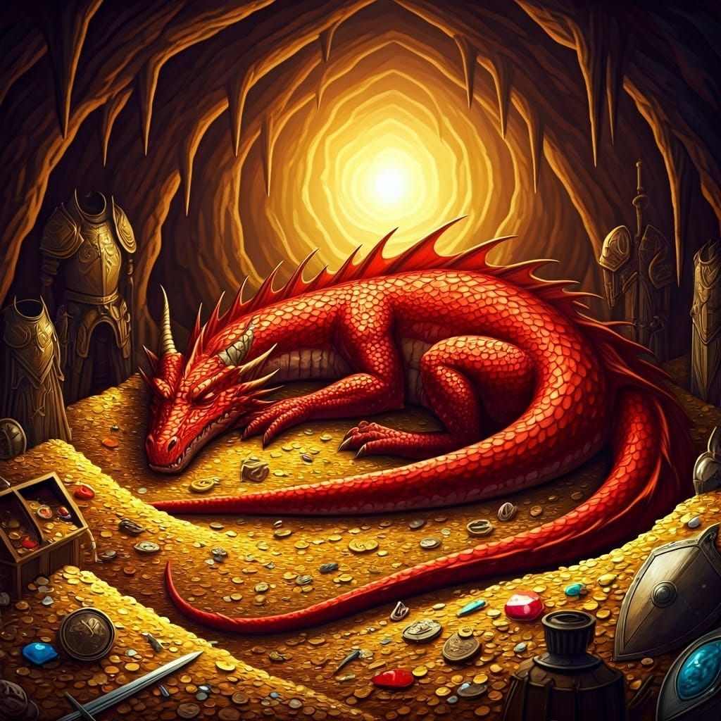Red Dragon Sleeps on Treasure Trove in Cave
