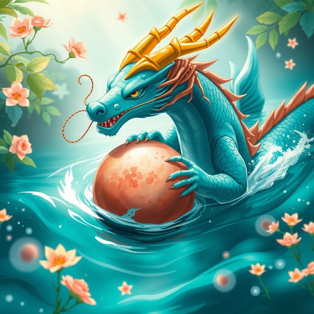 Teal Dragon Frolics in Aquatic Anime Watercolor