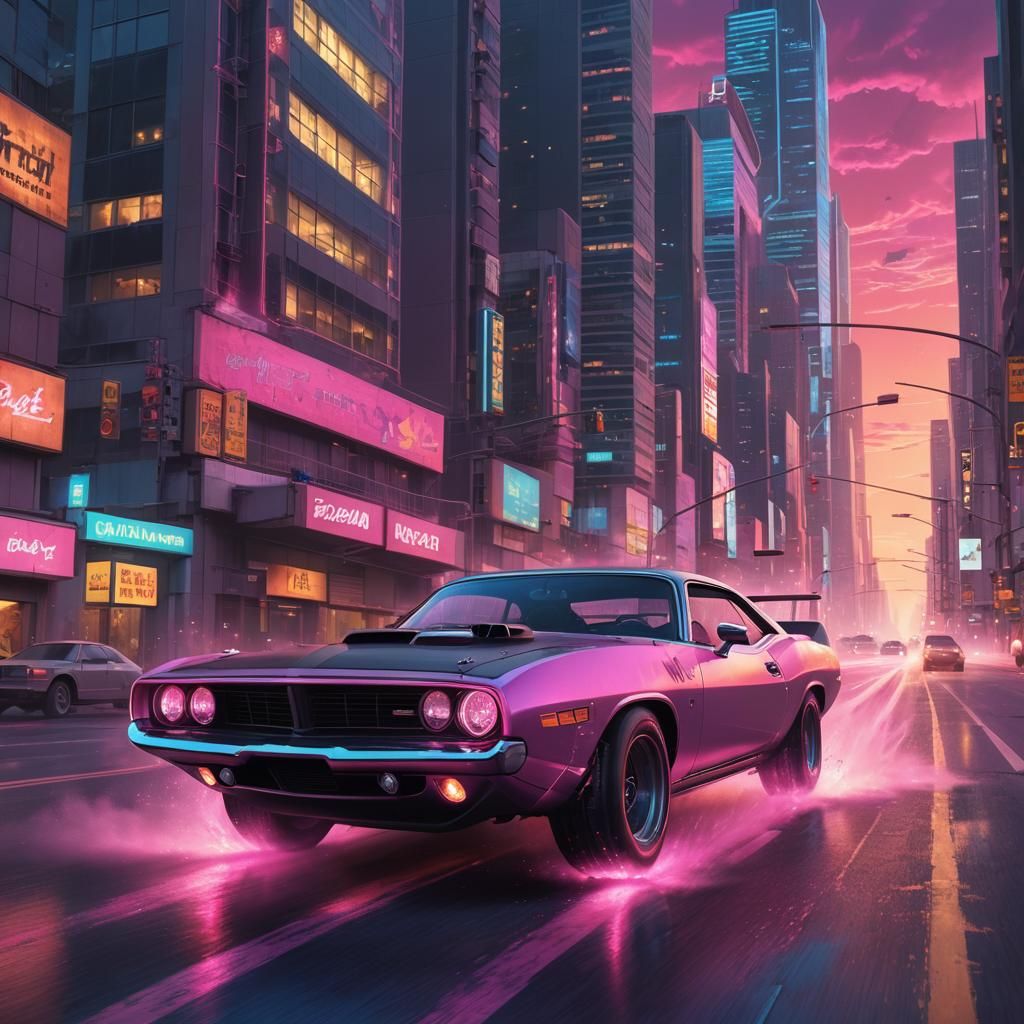 Pink 'Cuda Speeds Down Neon Highway in Hyper-Realism