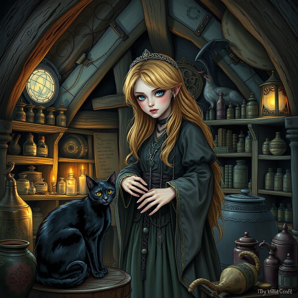 Enchanting Witch in Whimsical, Mystical Hexenhaus Setting