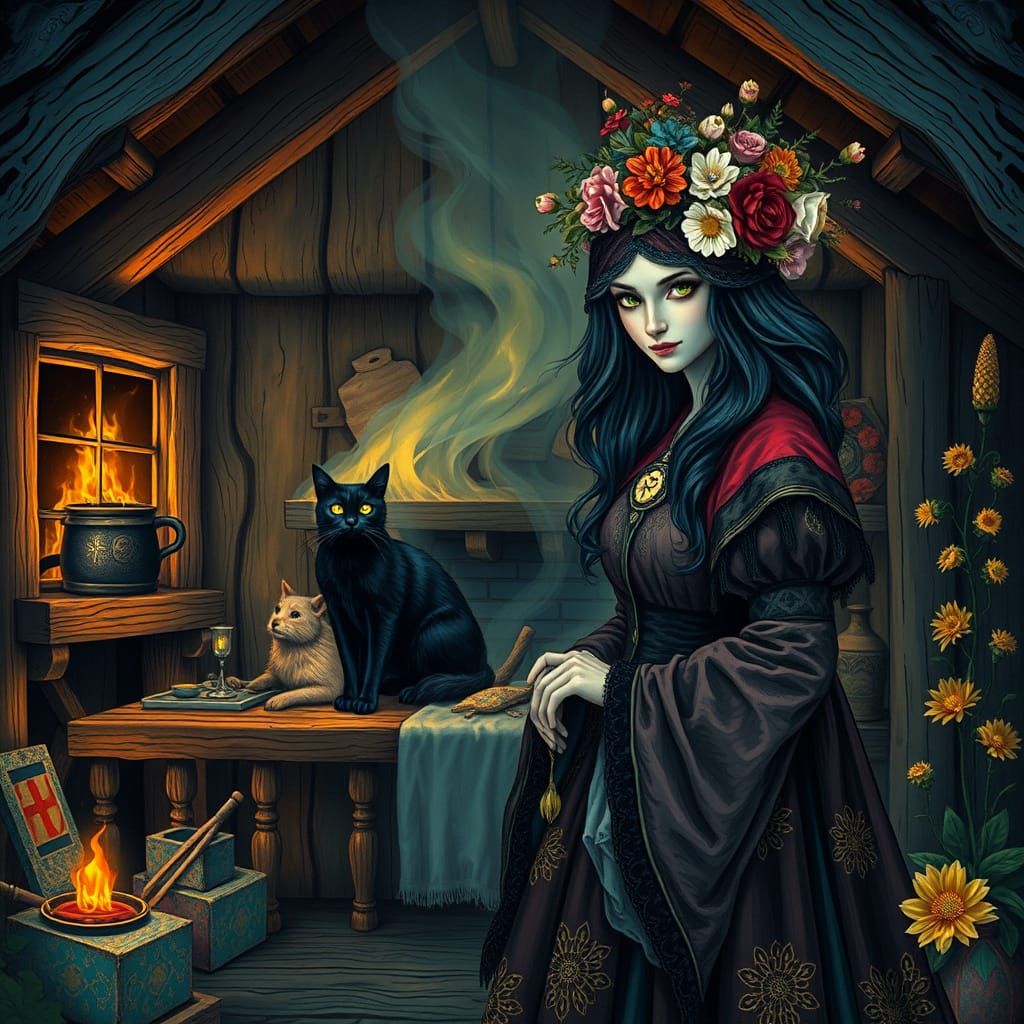 Mysterious Witch's Lair with Black Cauldron and Whimsical Cr...