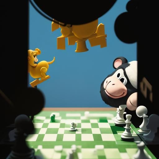 Monkey and Cow Chess Fight: 80s Cartoon Art