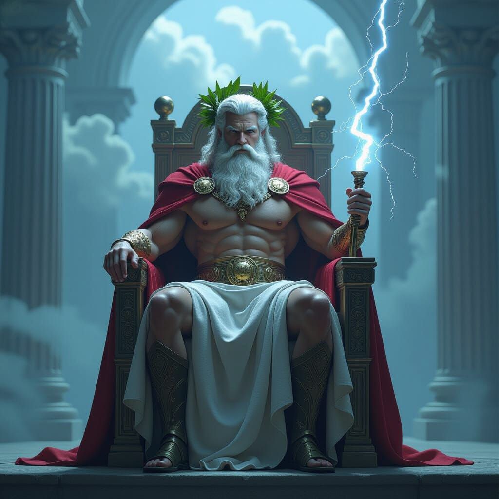 Zeus on Throne with Lightning Bolt, Mystical Realism Style