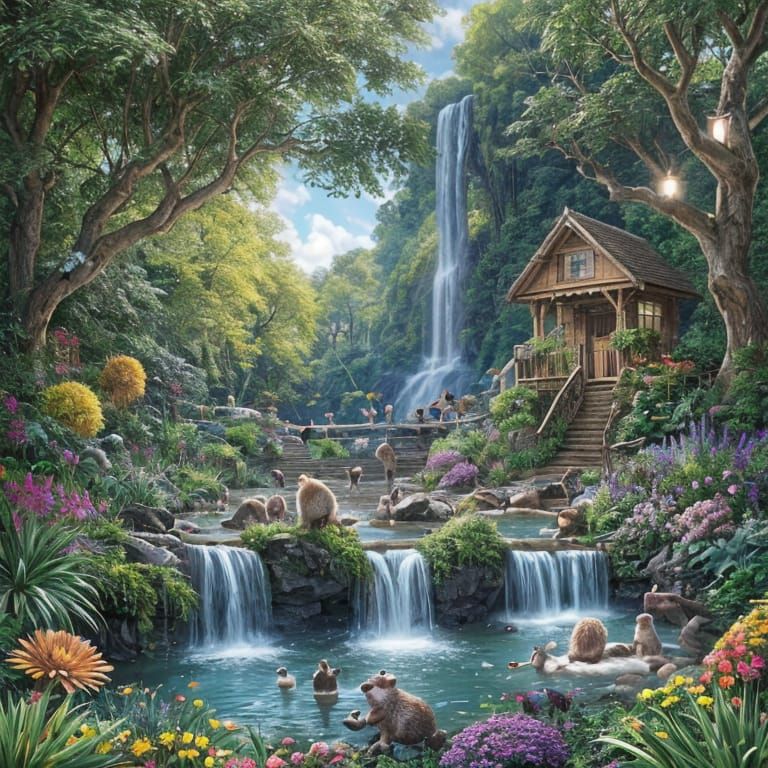 Cute Hedgehogs Learn in Colorful School Beside Waterfall