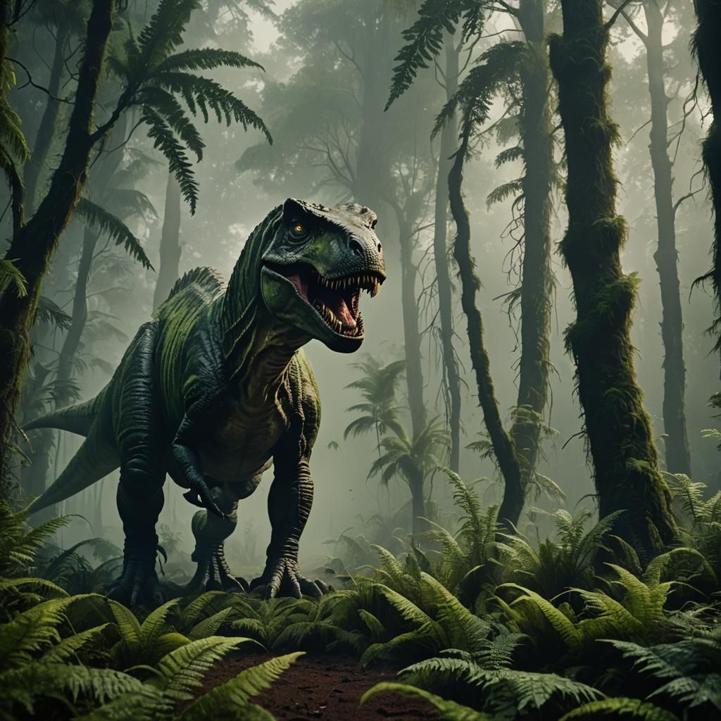 T-Rex in Dimly Lit Prehistoric Forest