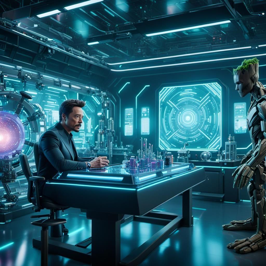 Ironman and Baby Groot in Laboratory, 3D Render
