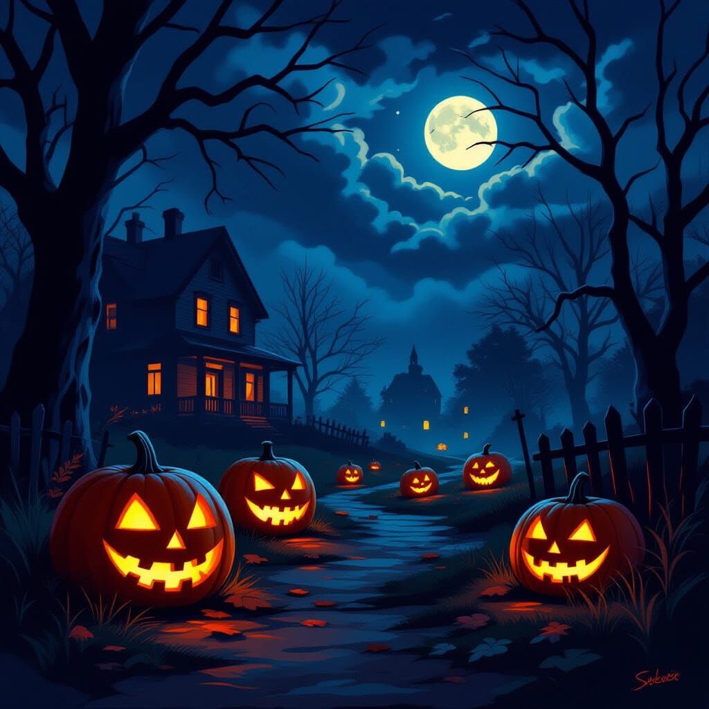 Eerie Halloween Night Scene in Digital Art Style