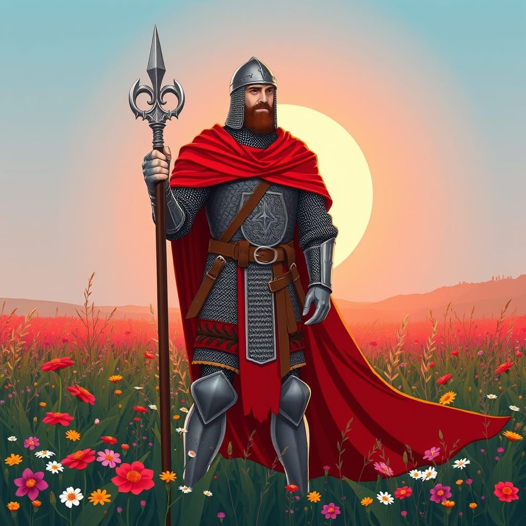 Medieval Russian Knight in Field of Wildflowers