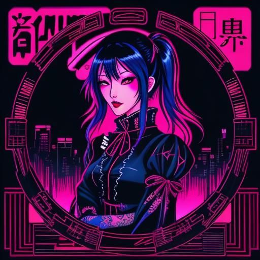 Japanese Gothic Girl in Synthwave Neon Retro Style