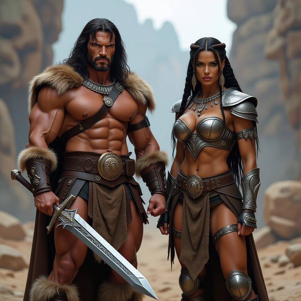 Epic Fantasy: Conan and Zula in Heroic Battle Pose