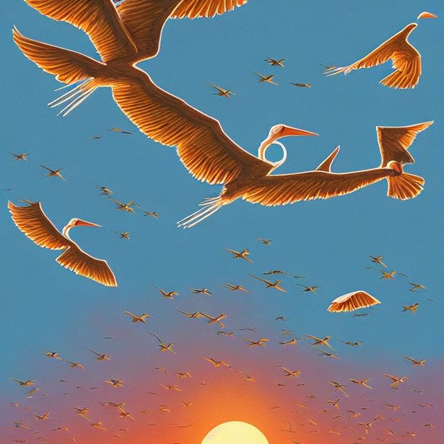 Storks at Sunset: Photorealistic Digital Illustration