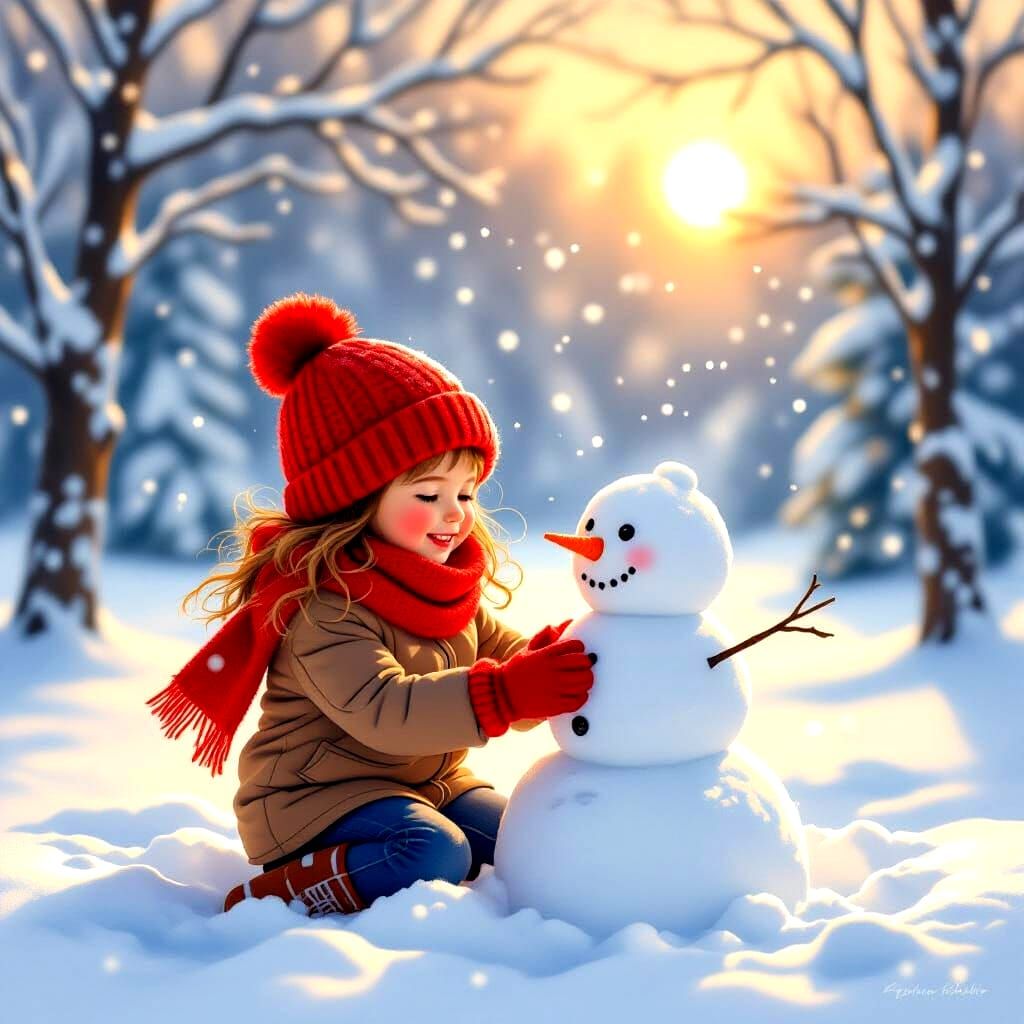 Girl Joyfully Building a Snowman
