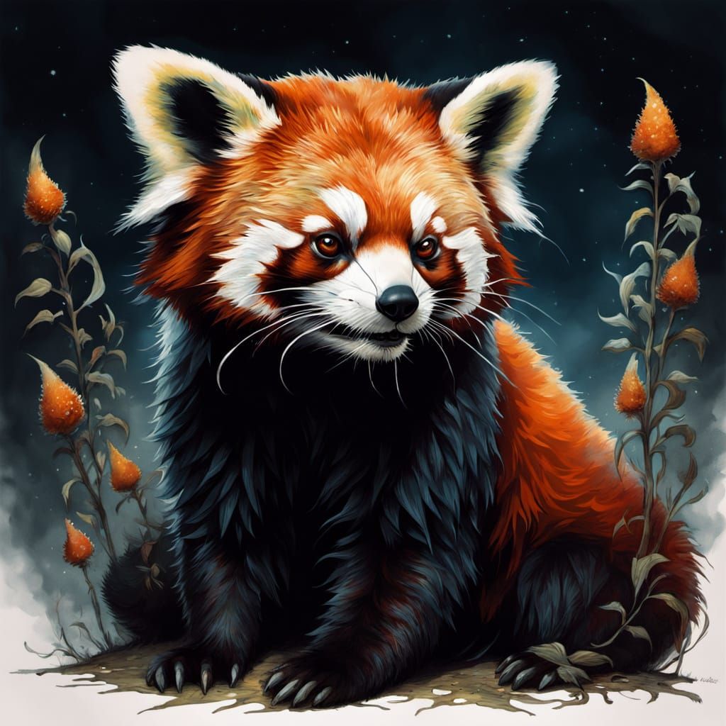 Adorable Red Panda Silhouette Filled with Bioluminescent Pla...