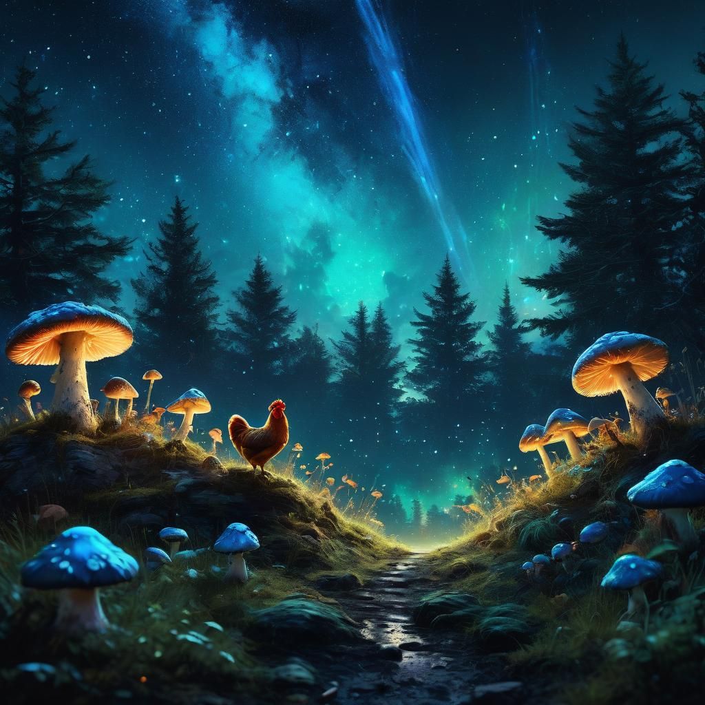 Chickens Stargazing in a Neon Mushroom Landscape