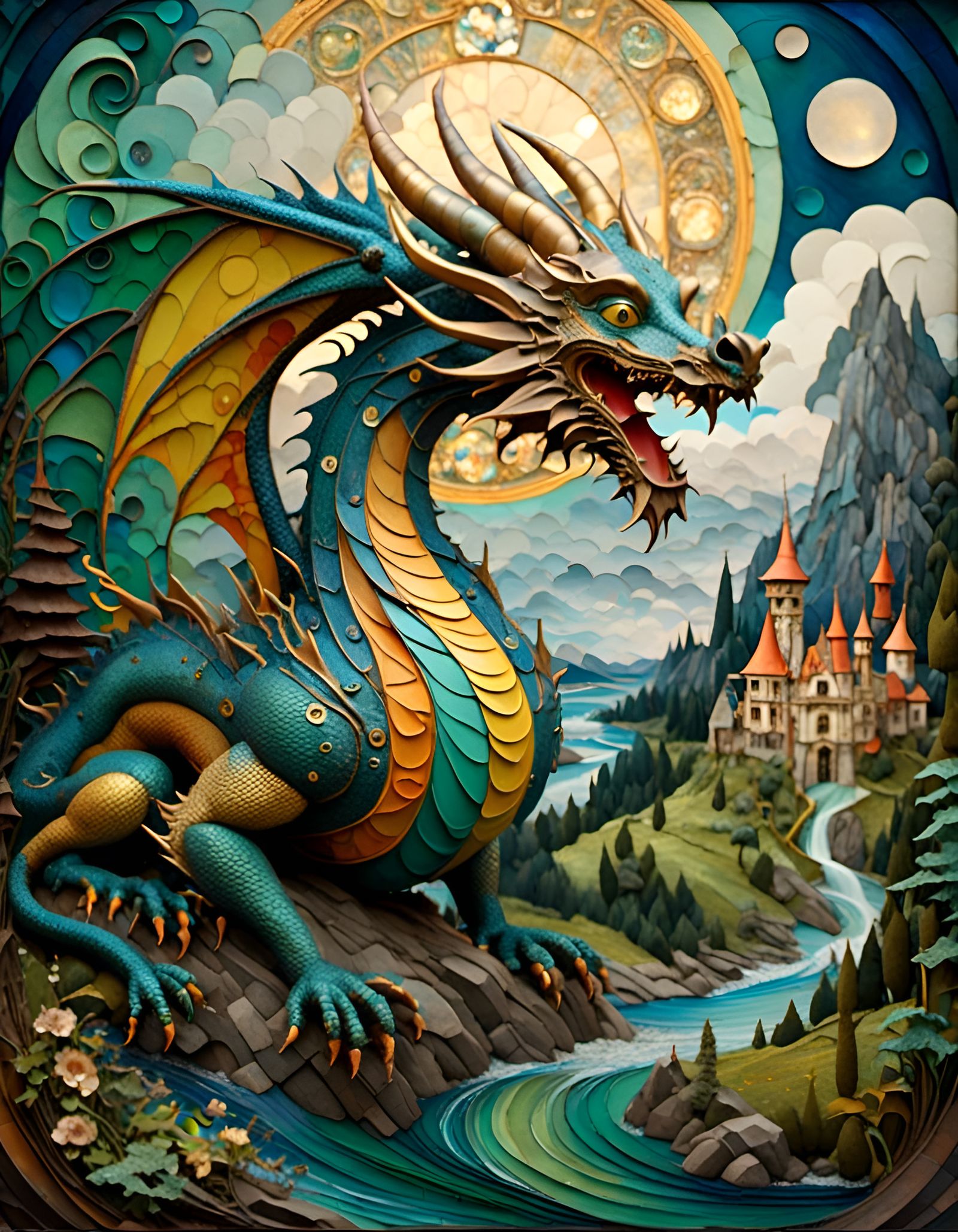 Dragon Art in Klimt, Mucha and Bosch Styles