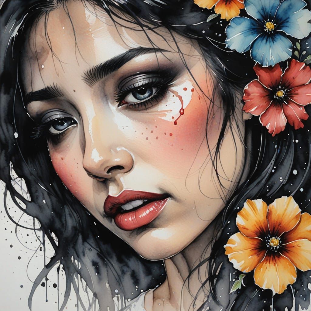 Gothic Watercolor Portrait of a Weeping Woman