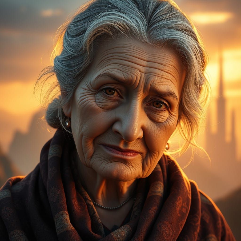 Grandmother's Wistful Smile in Whimsical Landscapes