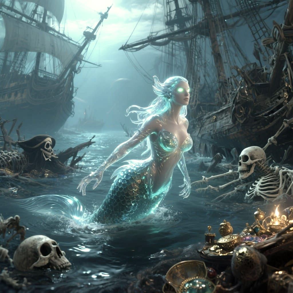 Glass Mermaid Among Shipwrecks, Digital Matte Painting