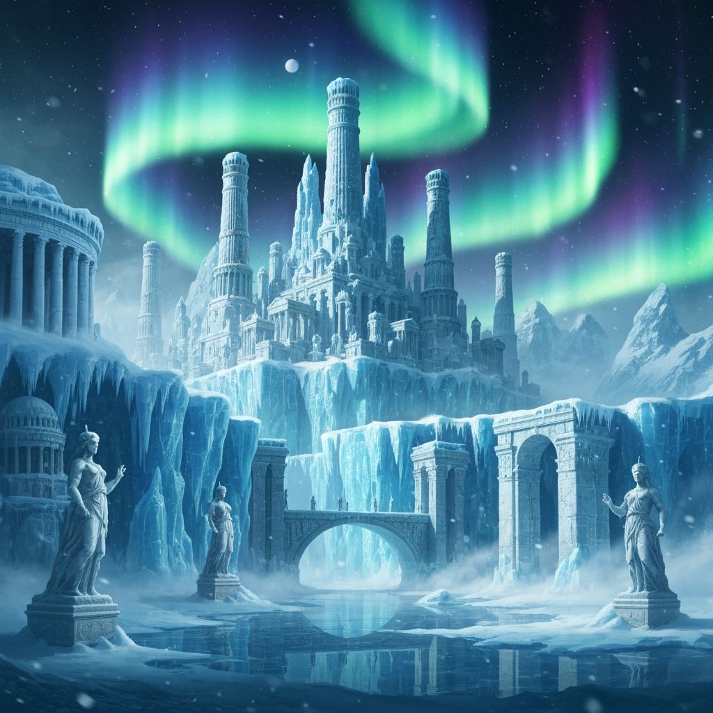 Ancient City Frozen in Ice Under Aurora