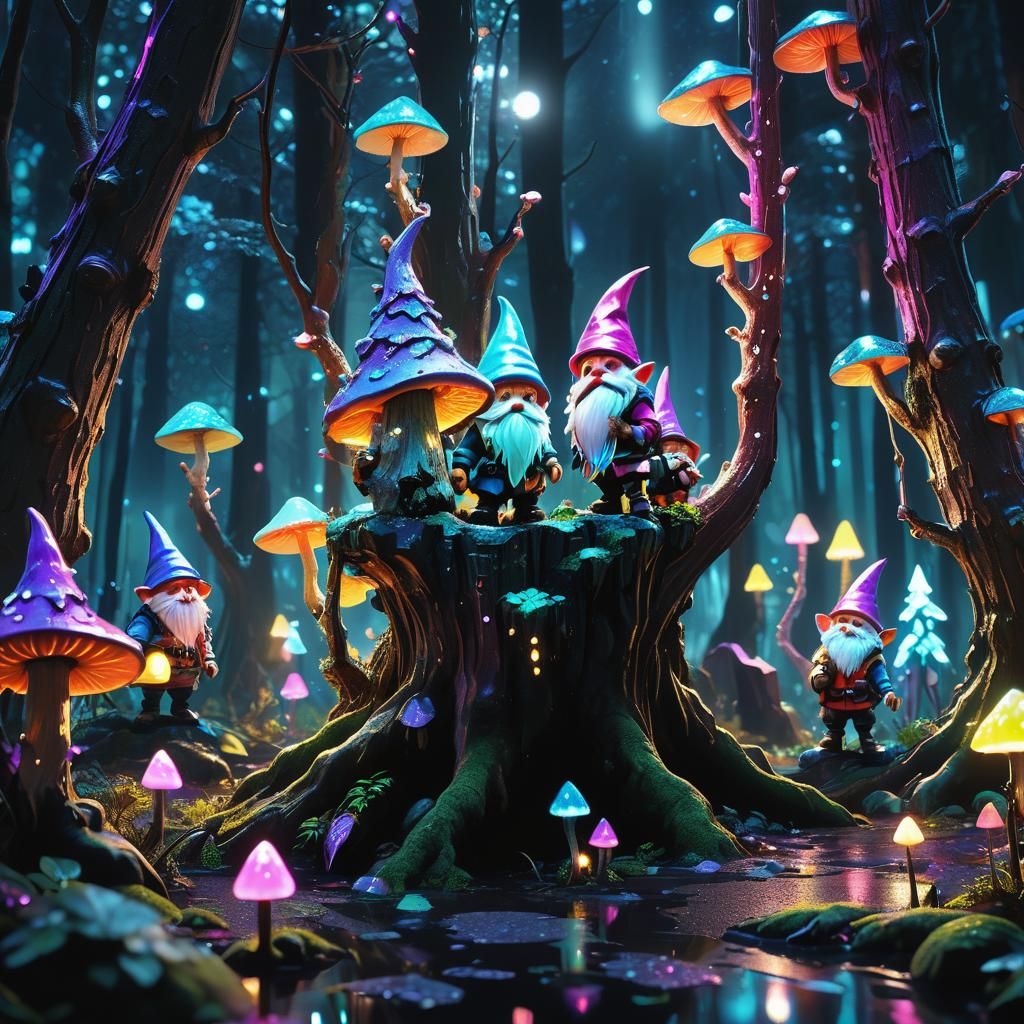 Gnomes Venture into Cyberpunk Neon Forest