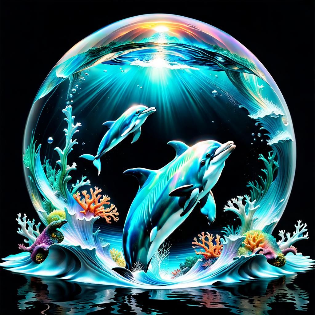 Magical Dolphins in Surreal Underwater Crystal Sphere