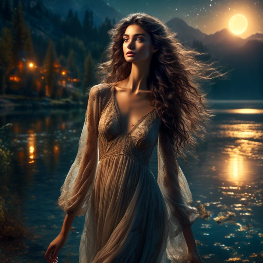 Moonlit Woman by Lake in Photo-Realistic Style