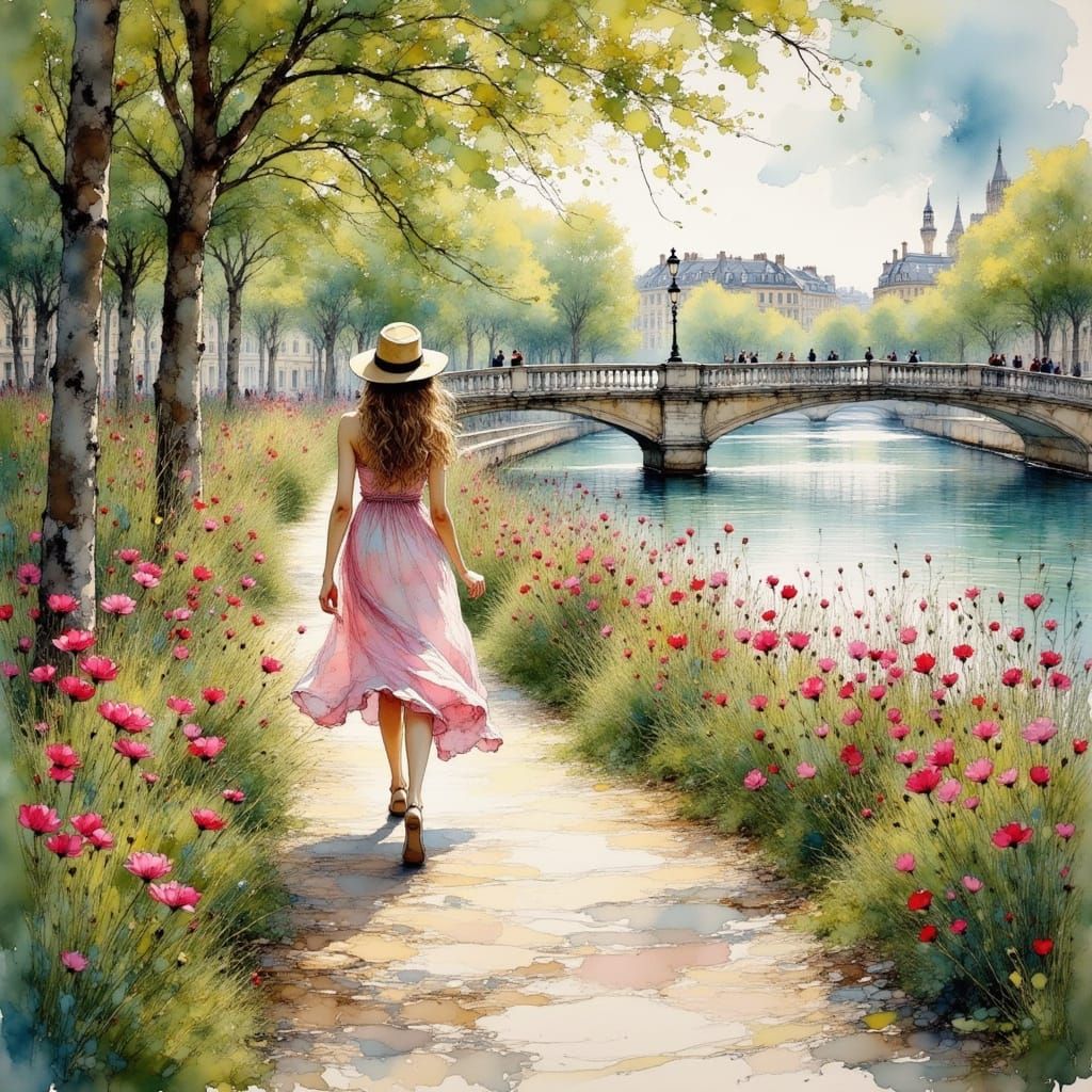 Parisian Spring Morning by the Seine in Impressionist Style
