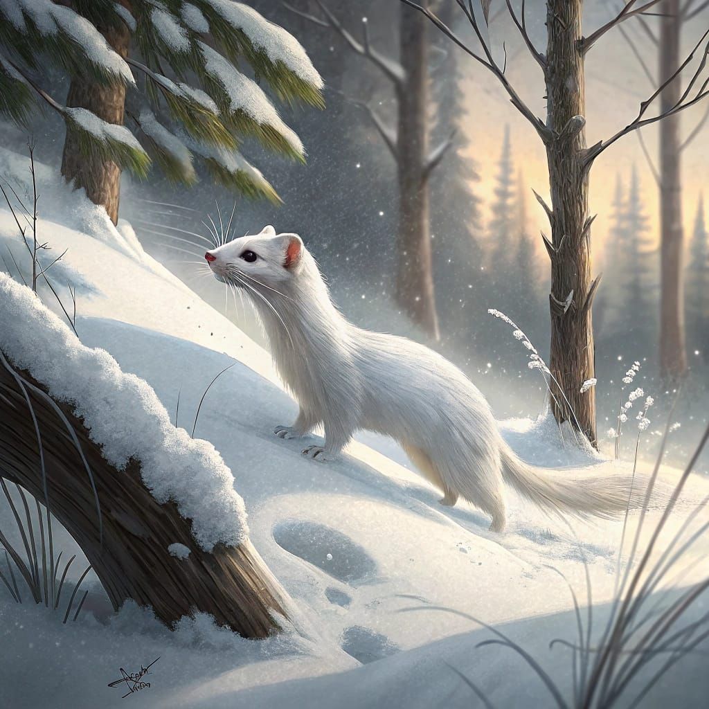 Realistic White Ermine in Snowy Forest Clearing