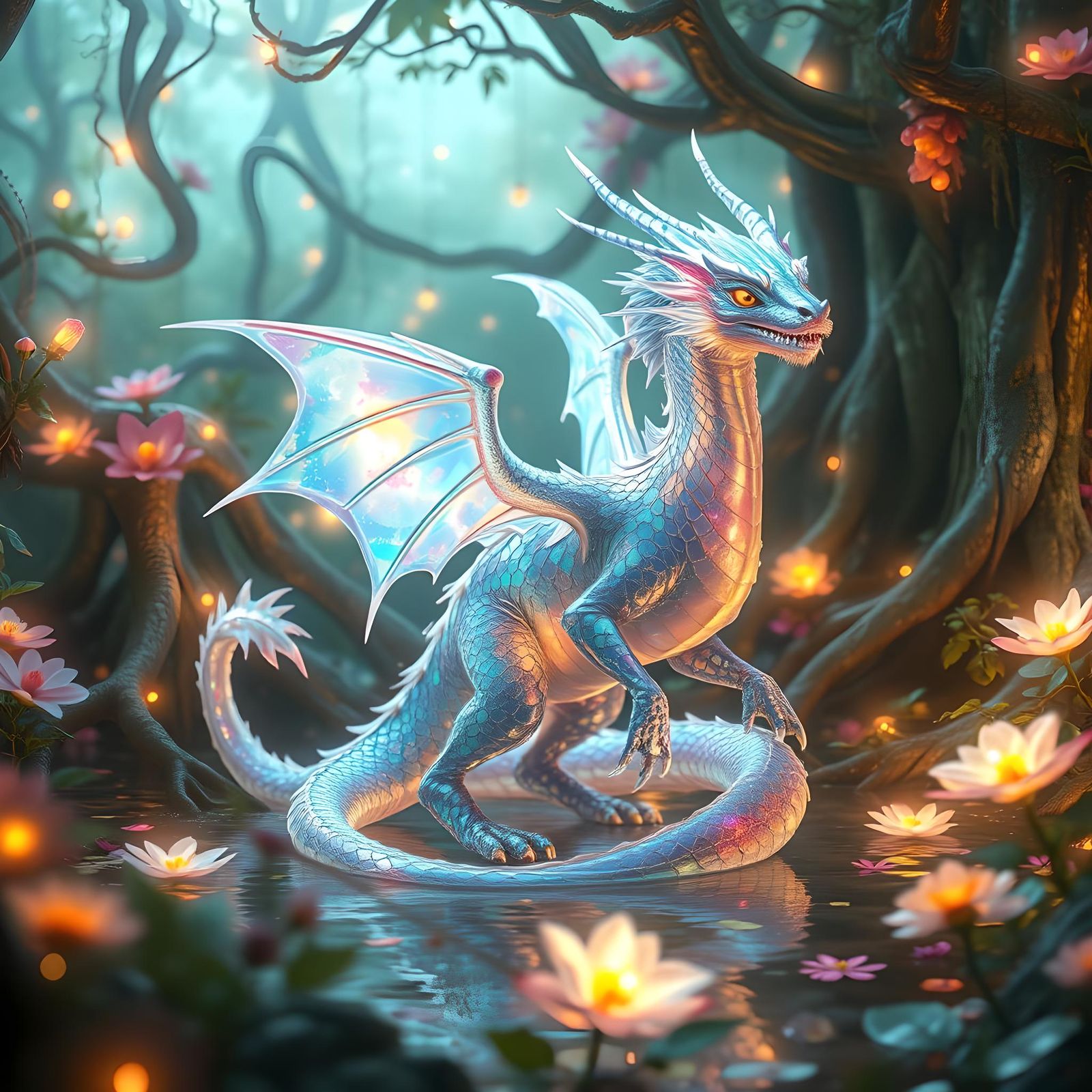 Ethereal Dragon in Bioluminescent Spring: Anime Art