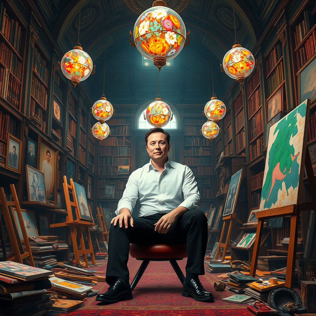 Elon Musk in Ornate Library, Digital Art