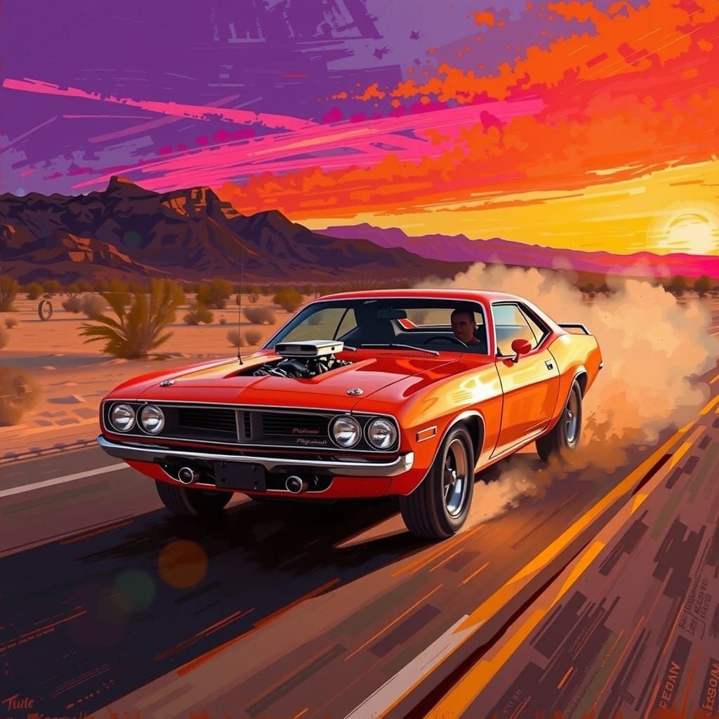 1970 Plymouth Barracuda Speeds Down Desert Highway at Sunset