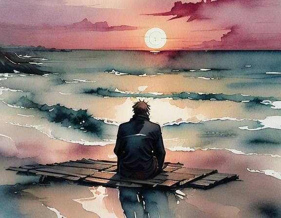 Lonely Man on Autumnal Beach at Dusk