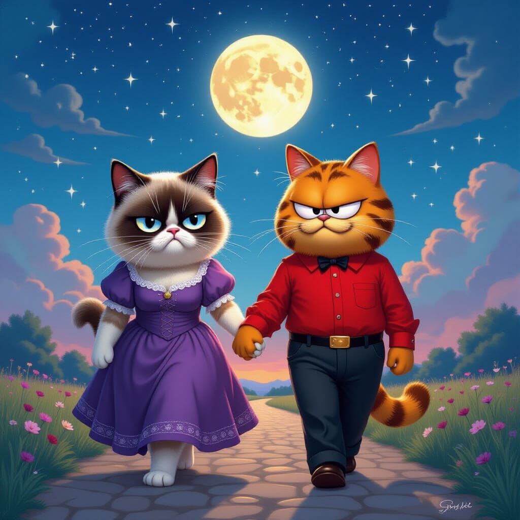 Whimsical Cats Stroll Under Starry Night Sky