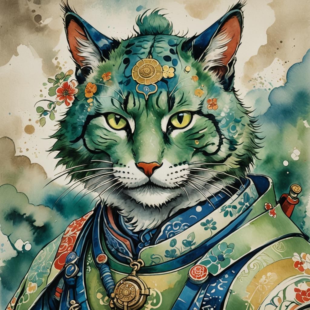 Samurai Cat Portrait in Ukiyo-e Style